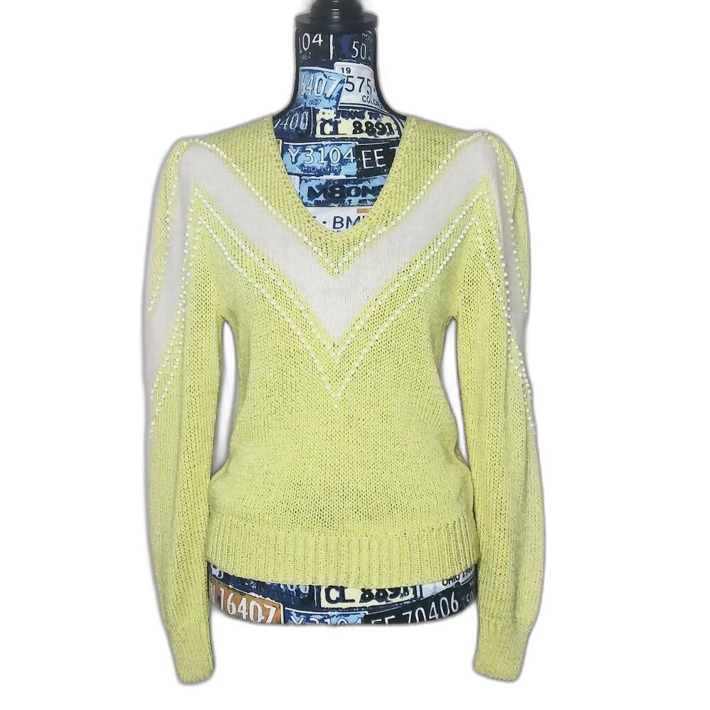 Vtg NANNELL Angora‎ V-Neck Sweater Bead Embellished Puff Sleeve Butter Yellow M